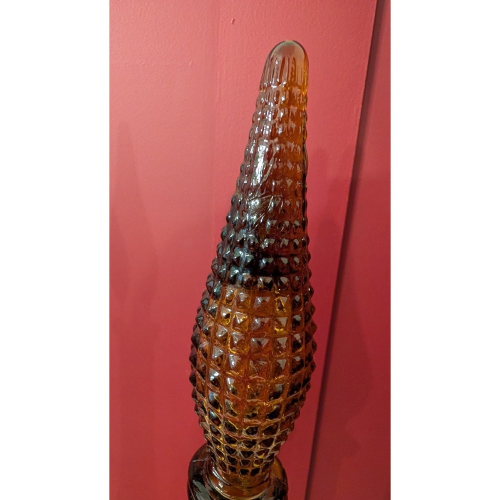 2 Vintage MCM Empoli Amber Diamond Point Glass Genie Bottle Decanter 22" Italy - Picture 6 of 16